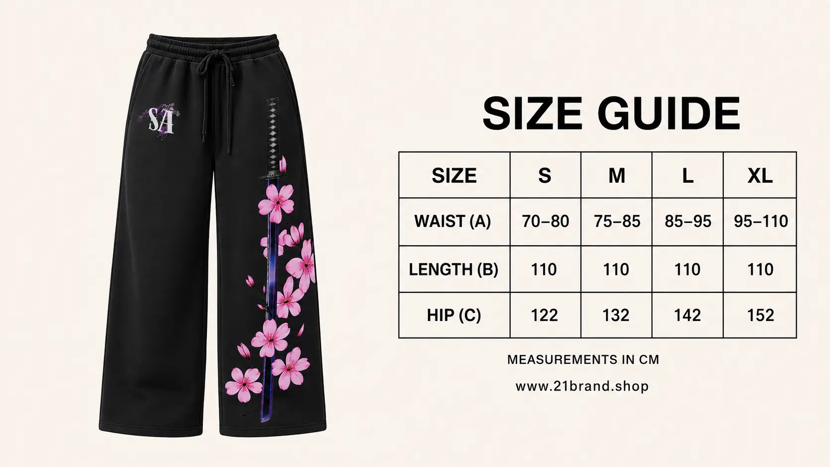 Black Sakura Sweetpants size chart